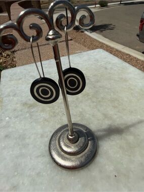 Vintage Mod Black Silver Concentric Circle Dangle Earrings Long Wire Drop